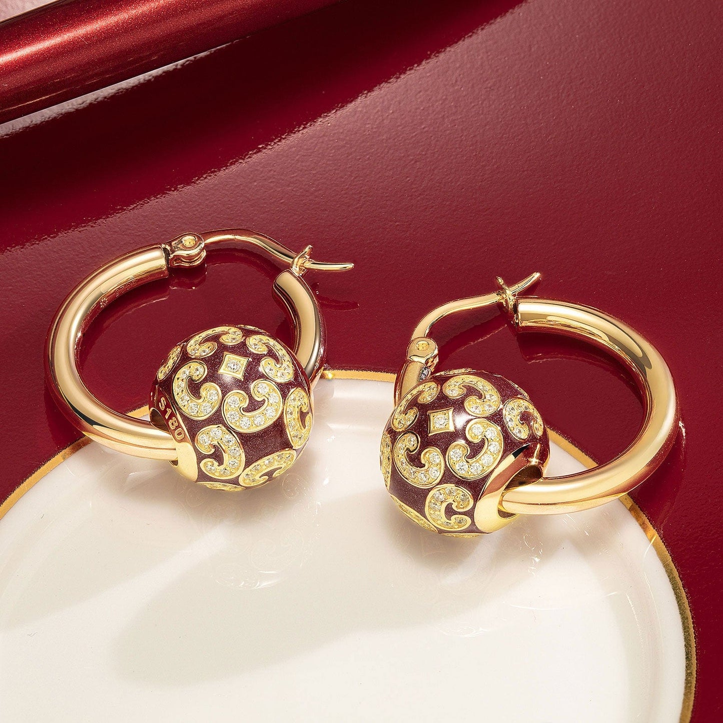 Sterling Silver Burgundy Versailles Ball Hoop Earrings With Enamel In 14K Gold Plated
