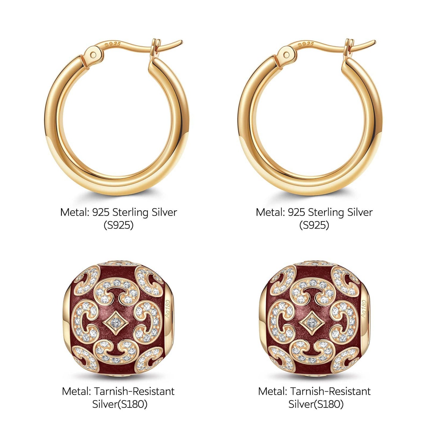Sterling Silver Burgundy Versailles Ball Hoop Earrings With Enamel In 14K Gold Plated