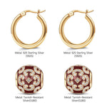Sterling Silver Burgundy Versailles Ball Hoop Earrings With Enamel In 14K Gold Plated