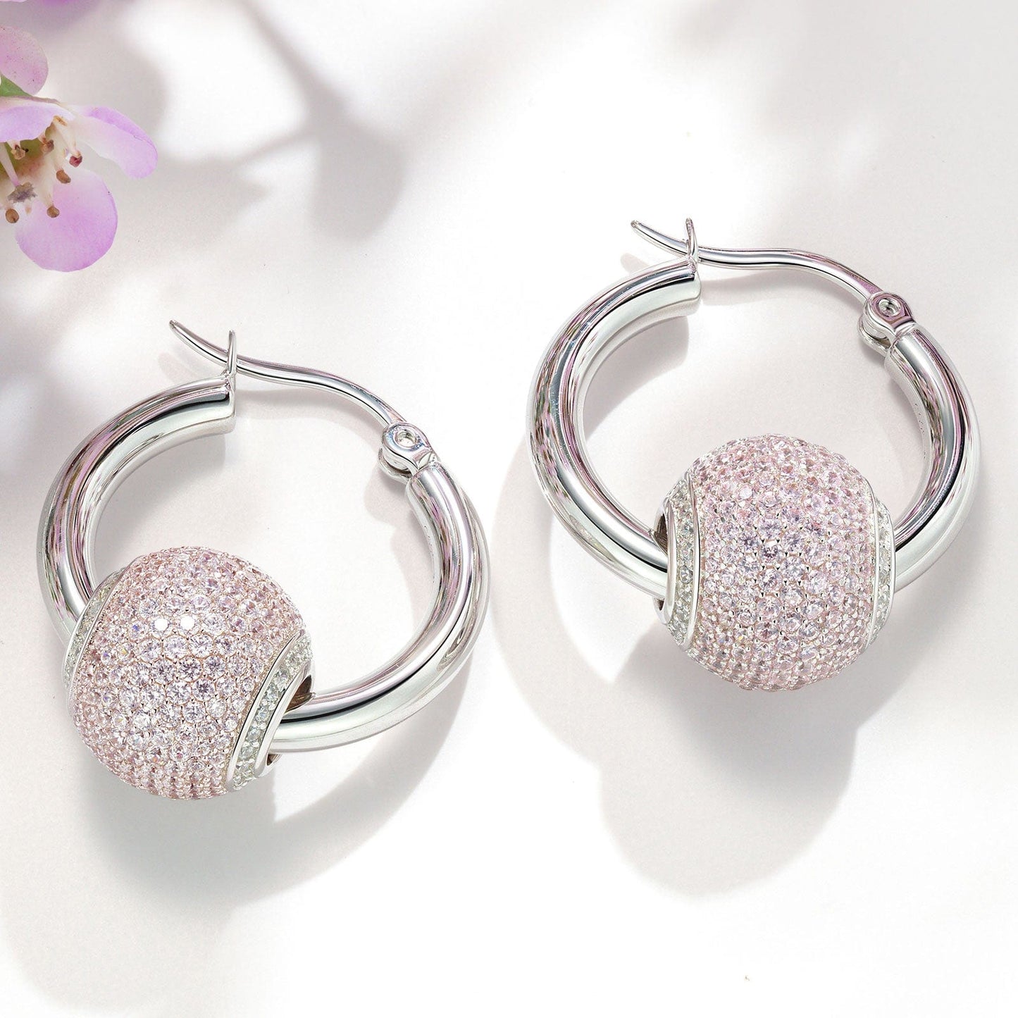 Sterling Silver Pink Zirconia Minimalist Hoop Earrings In White Gold Plated