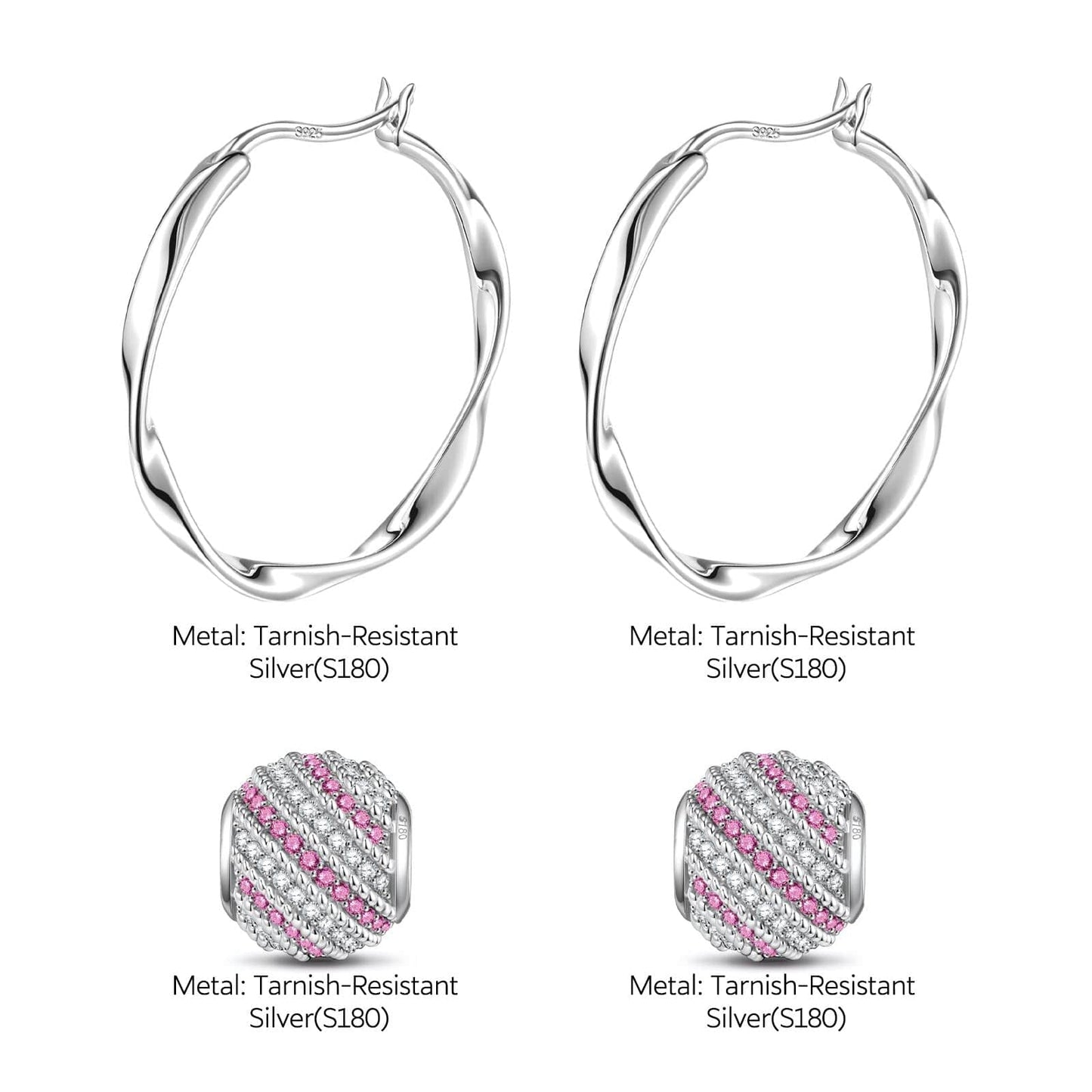 Summer Barbiecore Tarnish-resistant Silver Charms Earrings Set L size Classic Hoop Earrings with Sterling Silver Ear Post In White Gold Plated