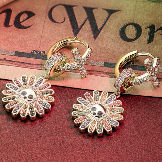 gona- Sterling Silver Blossom on Bone Charms Earrings Set With Enamel In 14K Gold Plated