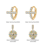 Sterling Silver Blossom on Bone Charms Earrings Set With Enamel In 14K Gold Plated