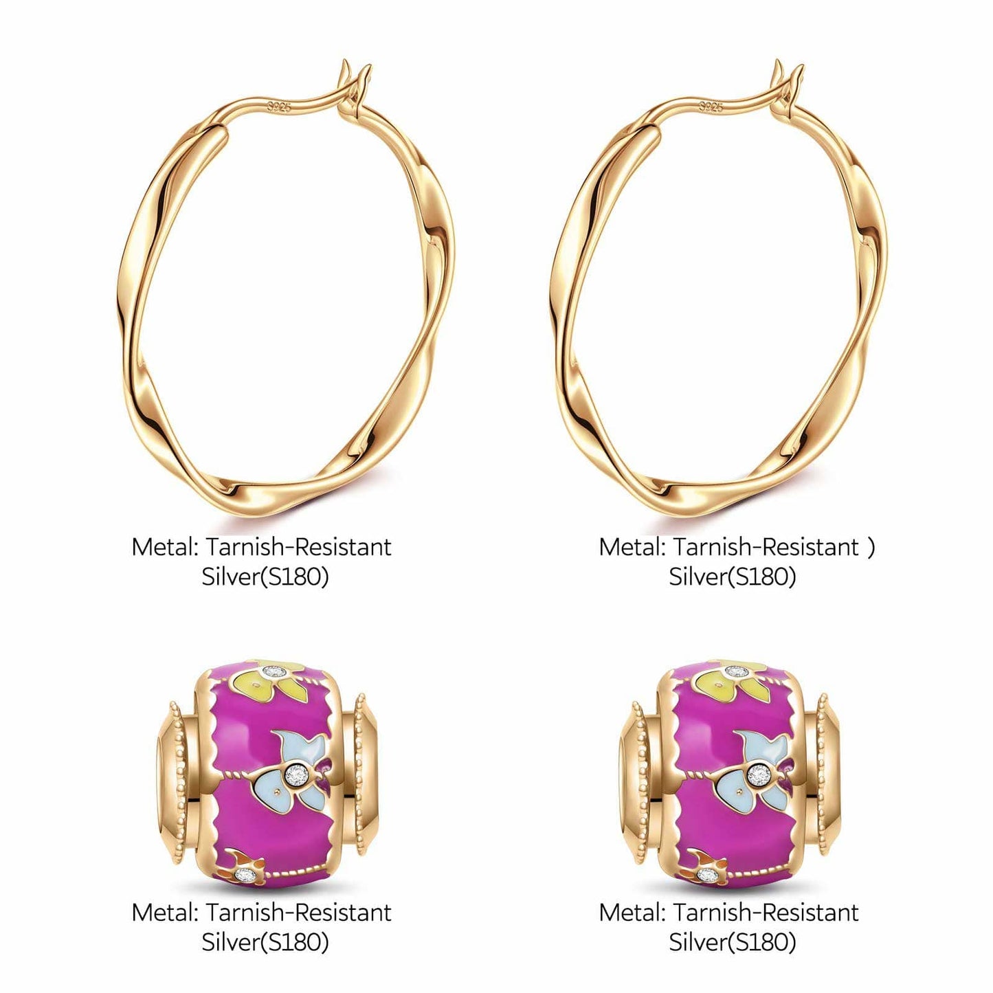 Happy Transport Tarnish-resistant Silver Charms Earrings Set M Size Classic Hoop Earrings with Sterling Silver Ear Post With Enamel In 14K Gold Plated