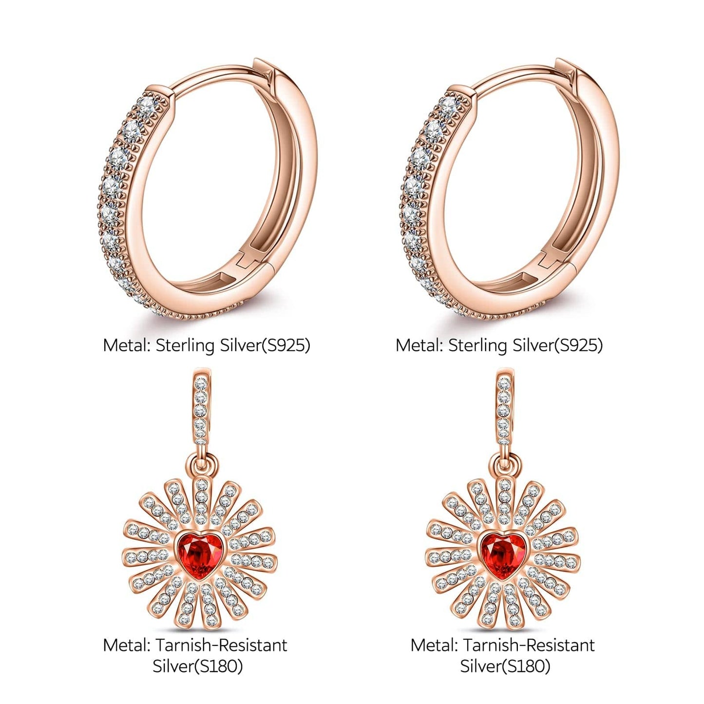 Sterling Silver Gerbera Charms Earrings Set In Rose Gold Plated