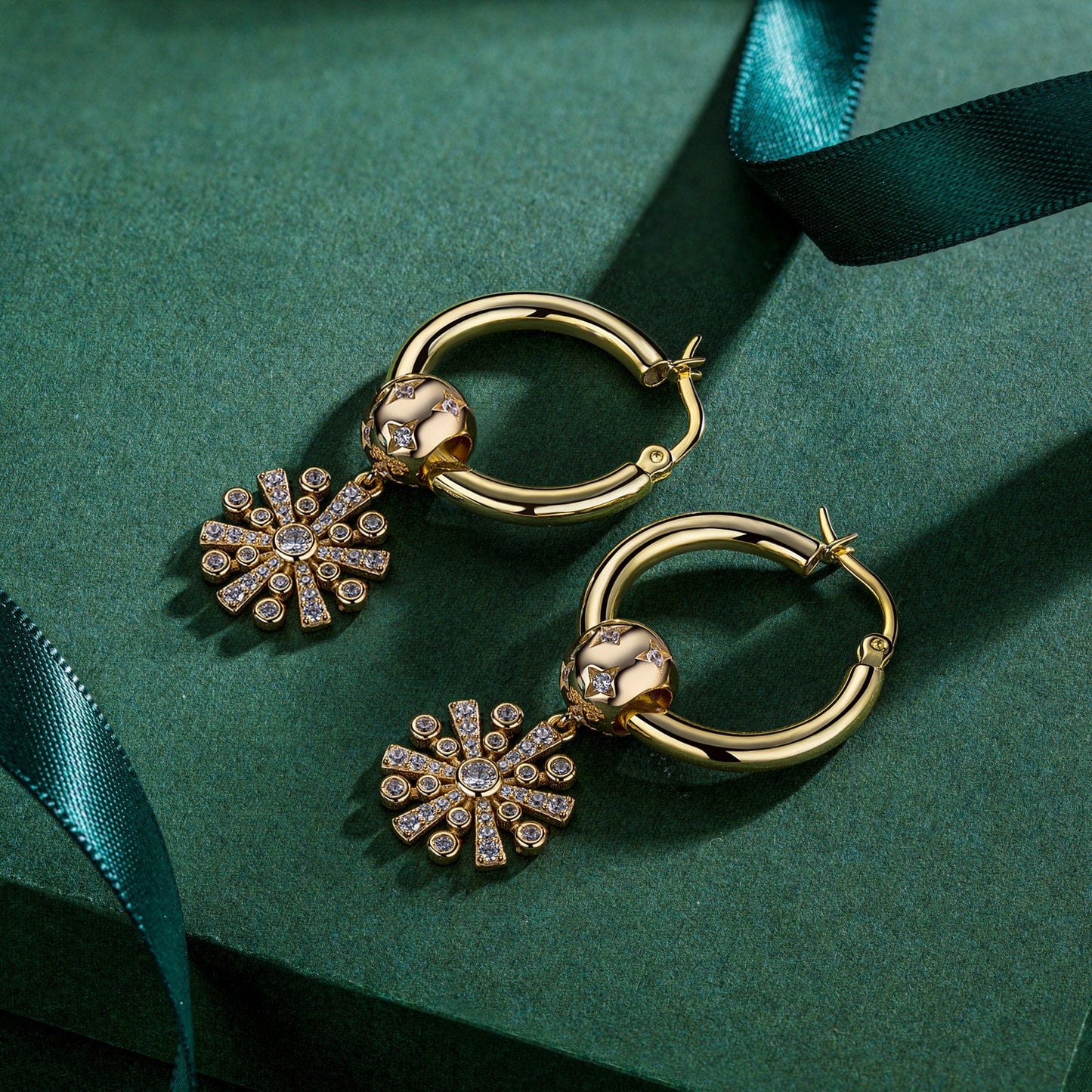Sterling Silver Earrings Set with Tarnish-resistant Silver Golden Snowflake Charms In 14K Gold Plated