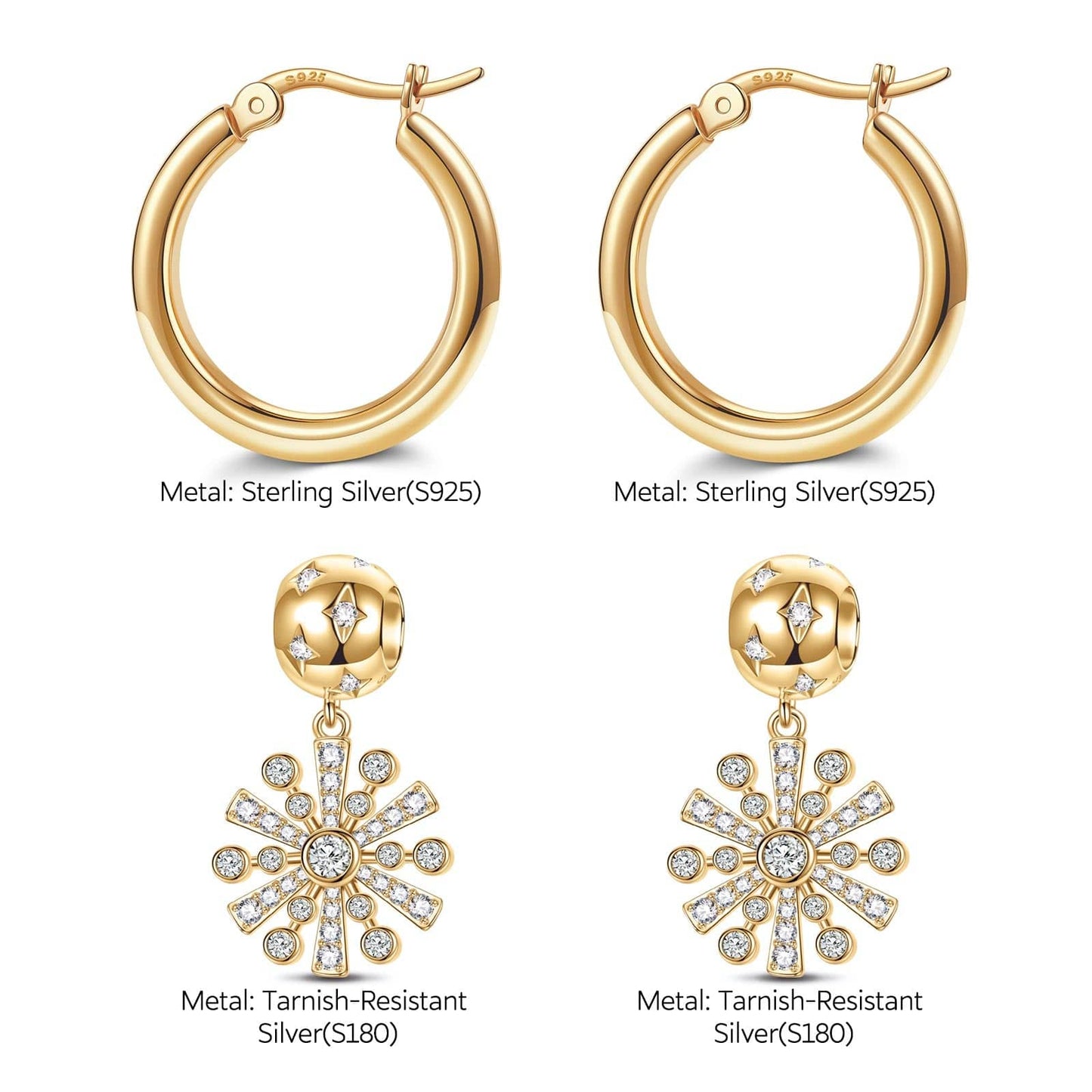Sterling Silver Earrings Set with Tarnish-resistant Silver Golden Snowflake Charms In 14K Gold Plated