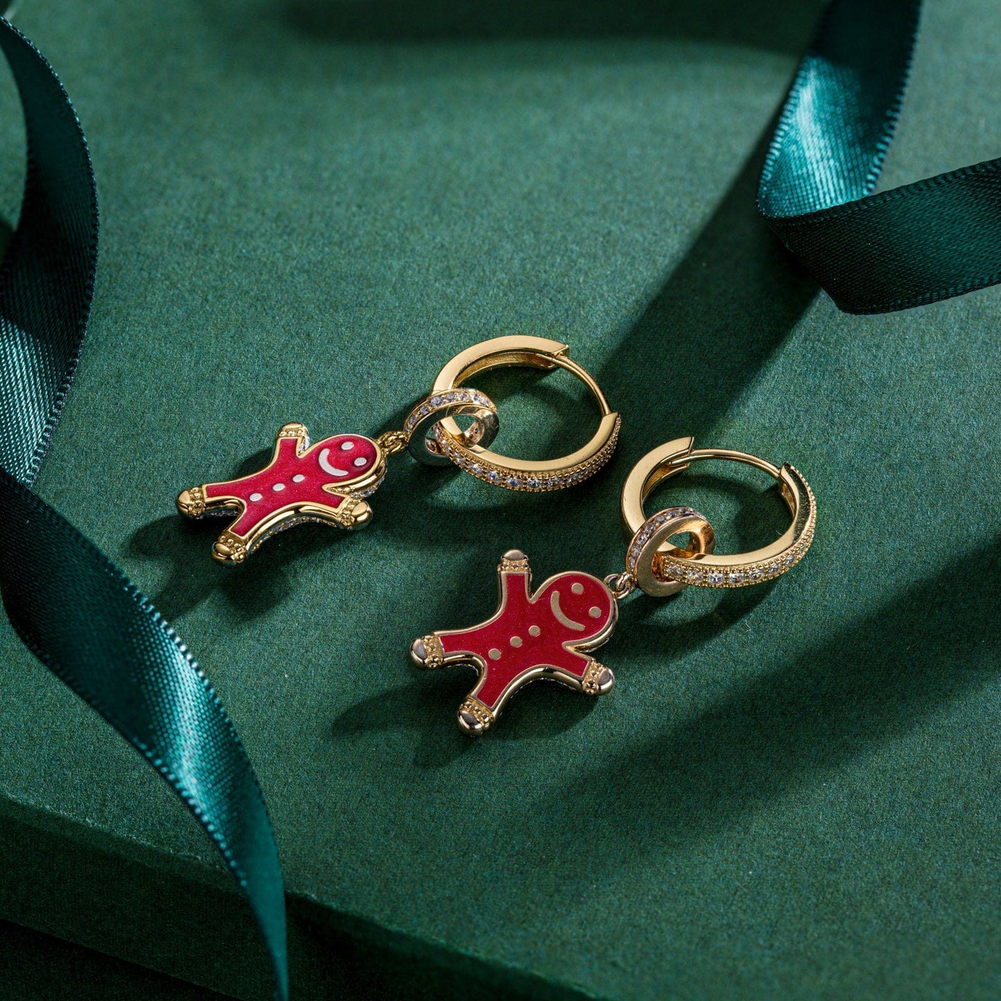 Sterling Silver Earrings Set with Tarnish-resistant Silver Gingerbread Man Charms With Enamel In 14K Gold Plated
