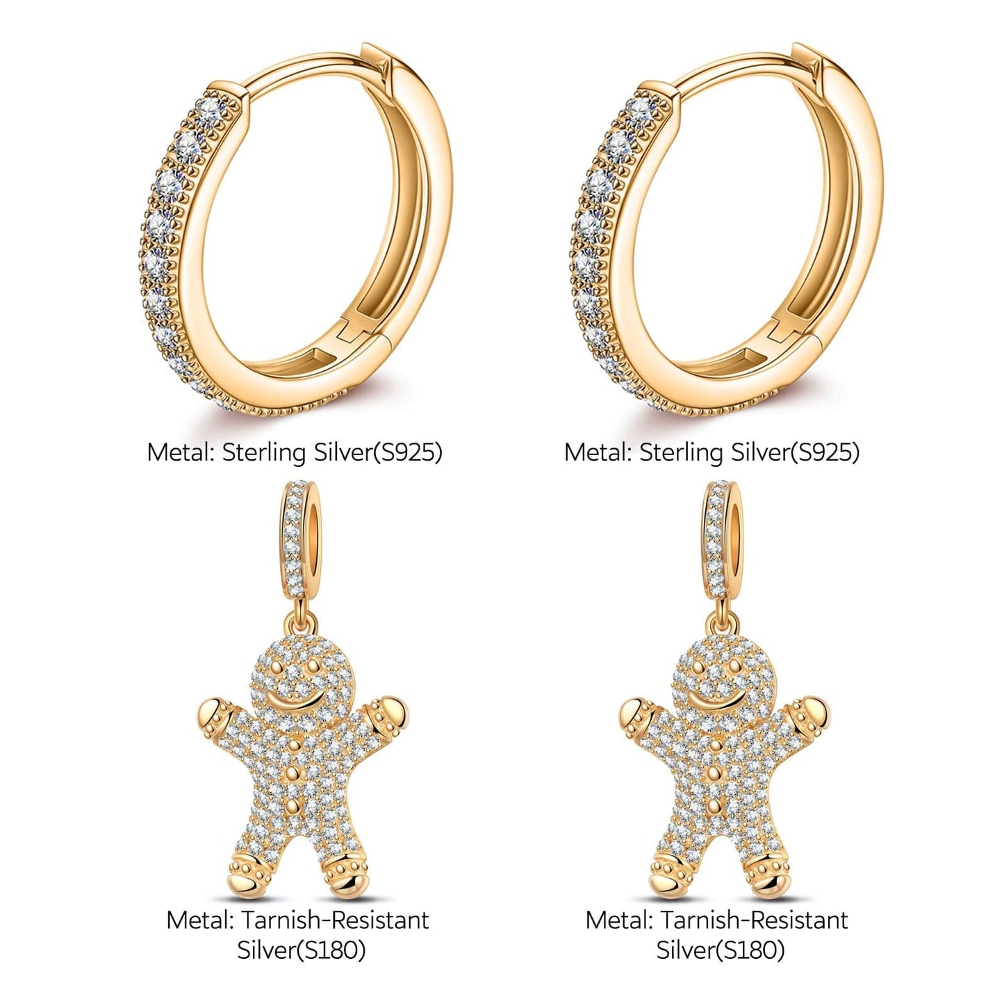 Sterling Silver Earrings Set with Tarnish-resistant Silver Gingerbread Man Charms With Enamel In 14K Gold Plated