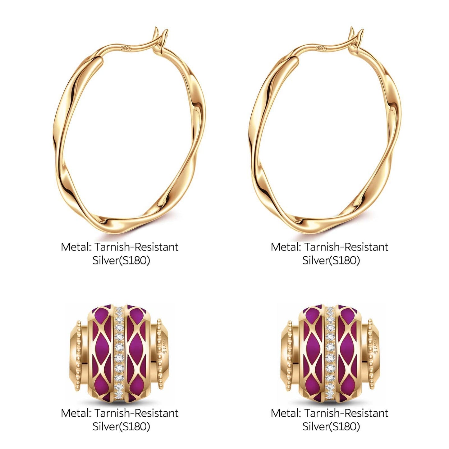 Merry Transport Tarnish-resistant Silver Charms Earrings Set M Size Classic Hoop Earrings with Sterling Silver Ear Post With Enamel In 14K Gold Plated