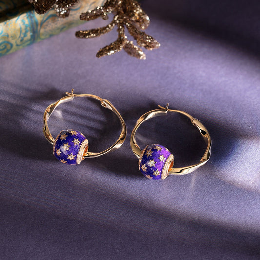 gona- Violet Starry Sky Tarnish-resistant Silver Charms Earrings Set L Size Classic Hoop Earrings with Sterling Silver Ear Post In 14K Gold Plated
