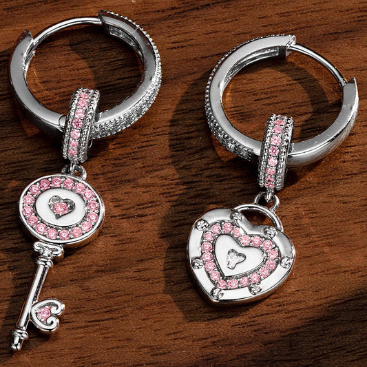 gona- Sterling Silver Romantic Key to Heart Charms Earrings Set In White Gold Plated