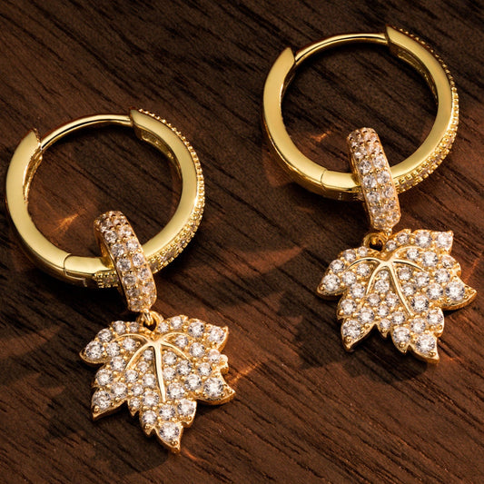 gona- Sterling Silver Golden Maple Leaf Charms Earrings Set In 14K Gold Plated