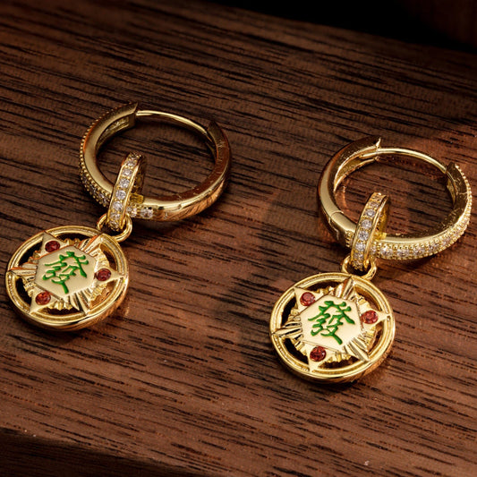 gona- Sterling Silver Lucky Mahjong Charms Earrings Set With Enamel In 14K Gold Plated