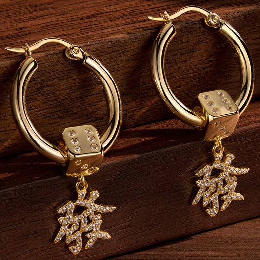 gona- Sterling Silver Mahjong Dice Charms Earrings Set In 14K Gold Plated