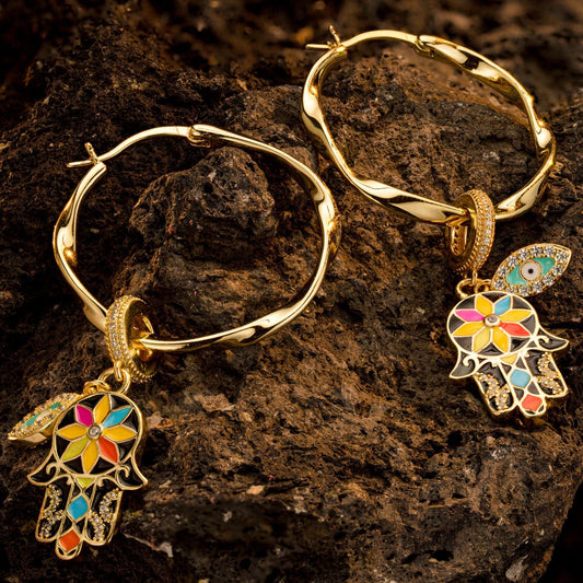 gona- Lucky Hamsa Tarnish-resistant Silver Charms Earrings Set with Sterling Silver Ear Post With Enamel In 14K Gold Plated