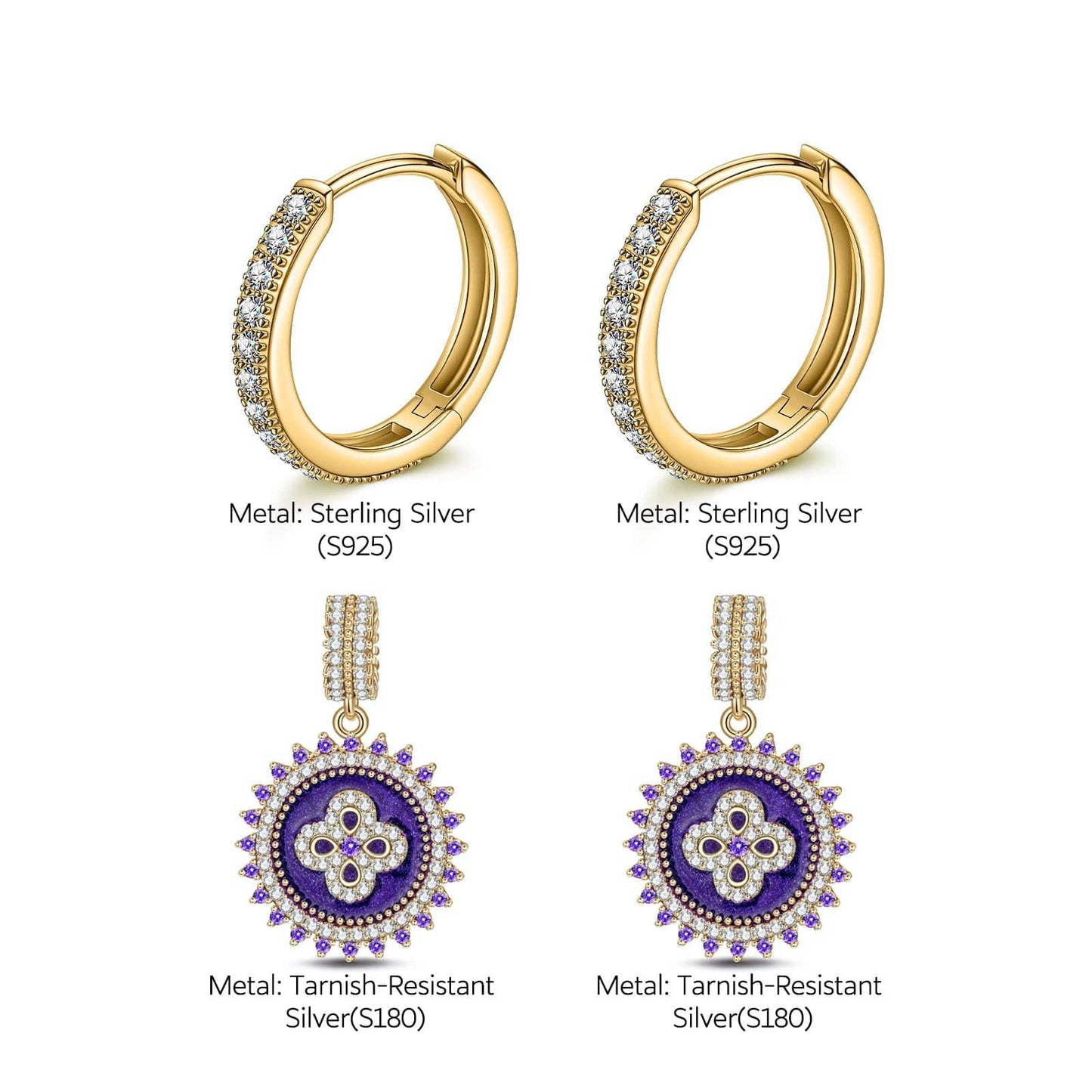 Sterling Silver Violet Whispers Charms Earrings Set With Enamel In 14K Gold Plated