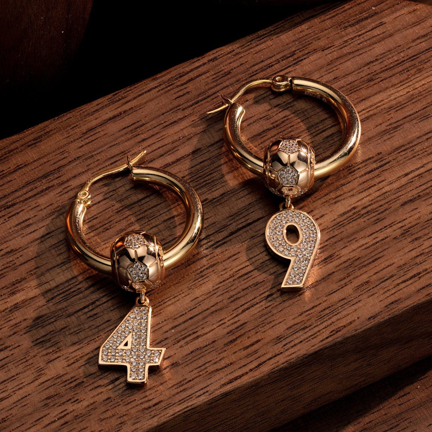 Sterling Silver Number 3 Golden Football Charms Earrings Set In 14K Gold Plated
