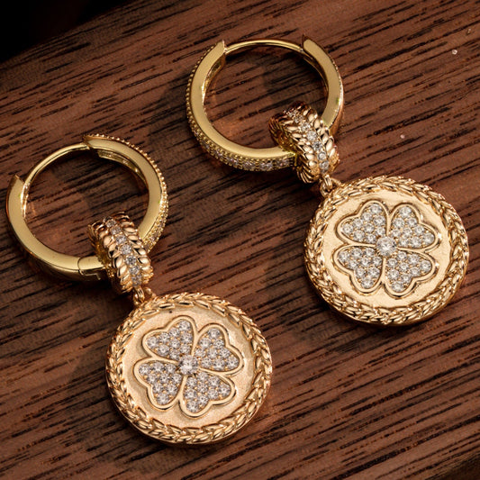 gona- Sterling Silver Four-Leaf Clover Charms Earrings Set In 14K Gold Plated