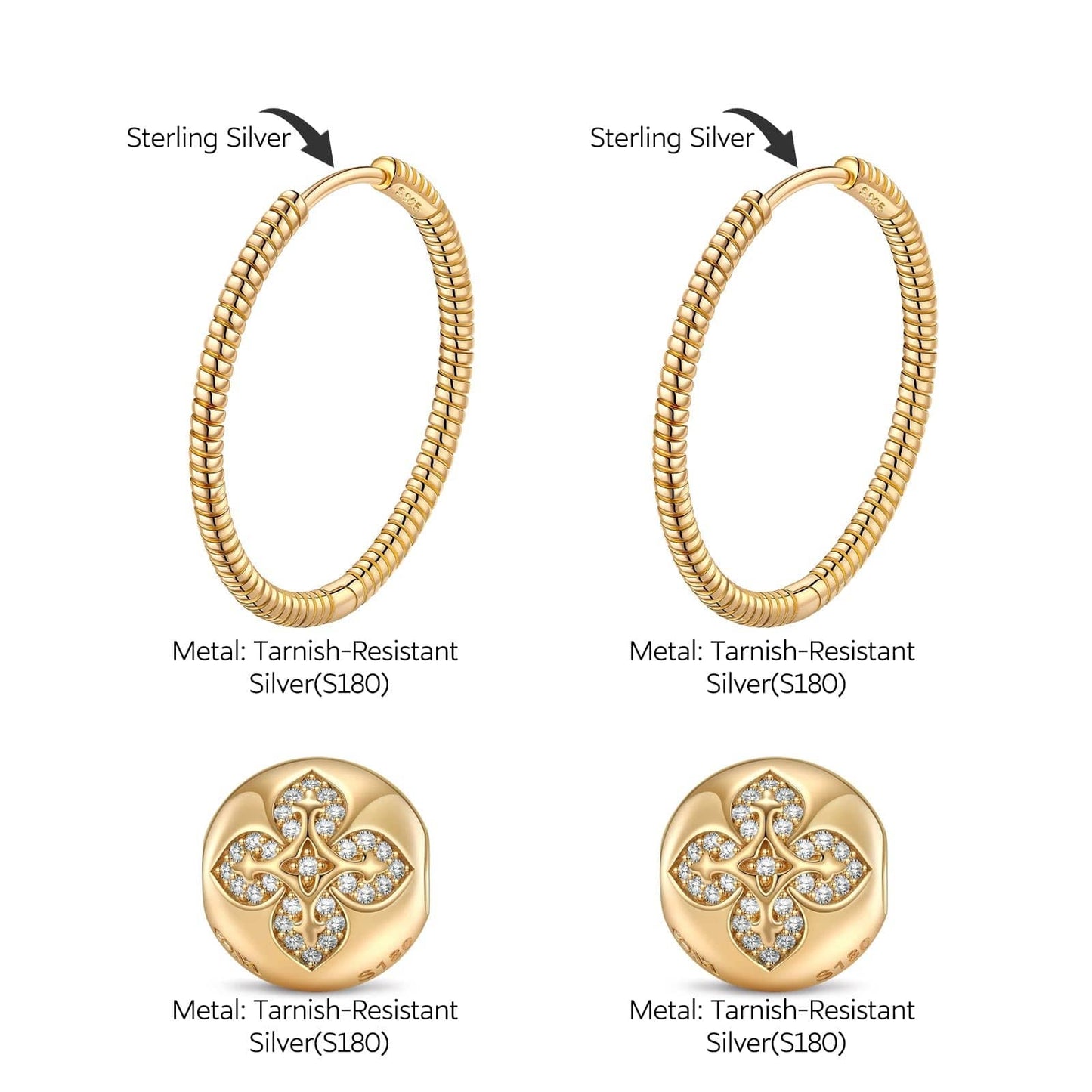 Golden Four Leaf Clover Tarnish-resistant Silver Charms Earrings Set Classic Hoop Earrings with Sterling Silver Ear Post In 14K Gold Plated