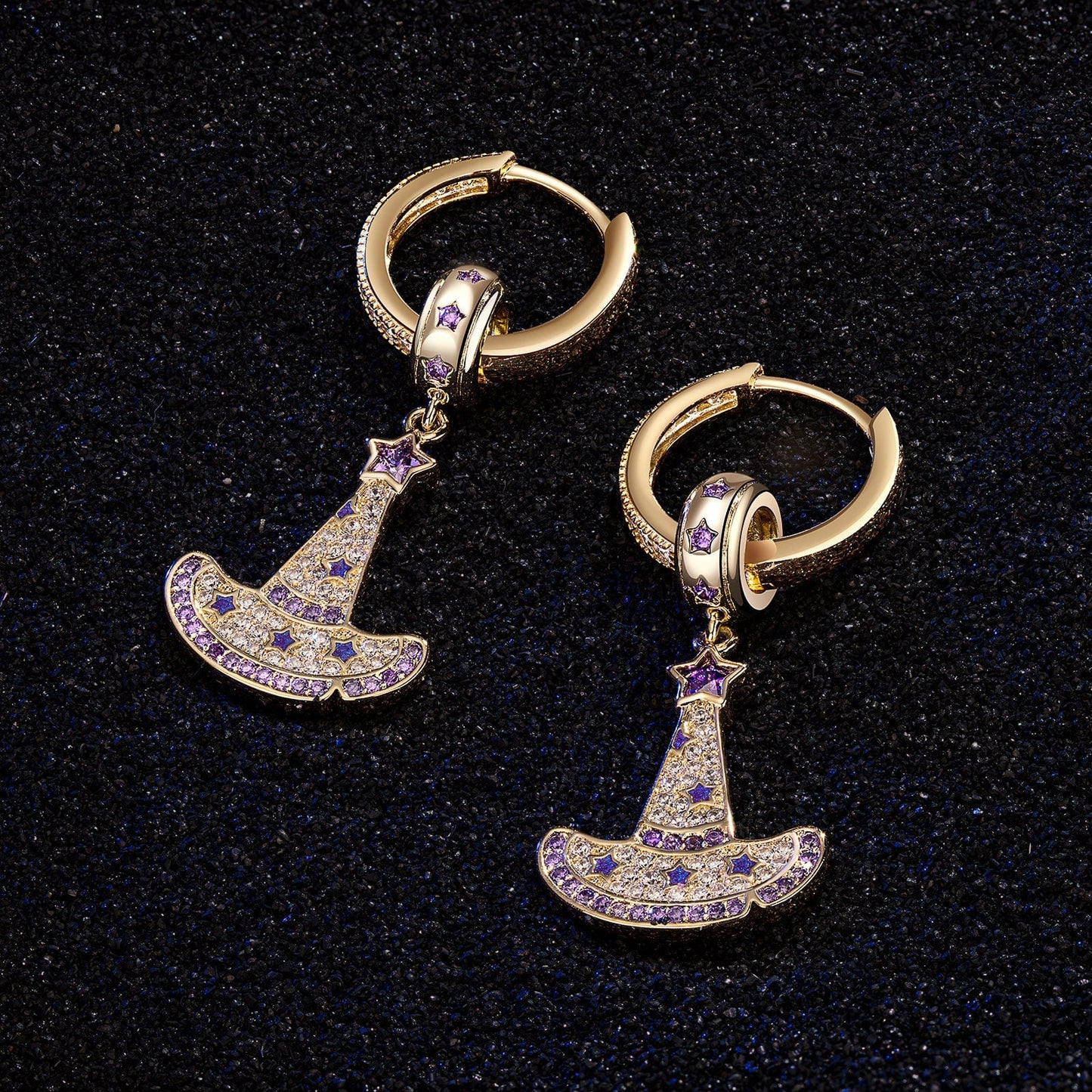 Sterling Silver Cute Witch Hat Charms Earrings Set In 14K Gold Plated