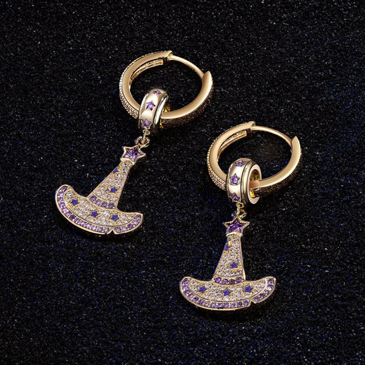 gona- Sterling Silver Cute Witch Hat Charms Earrings Set In 14K Gold Plated