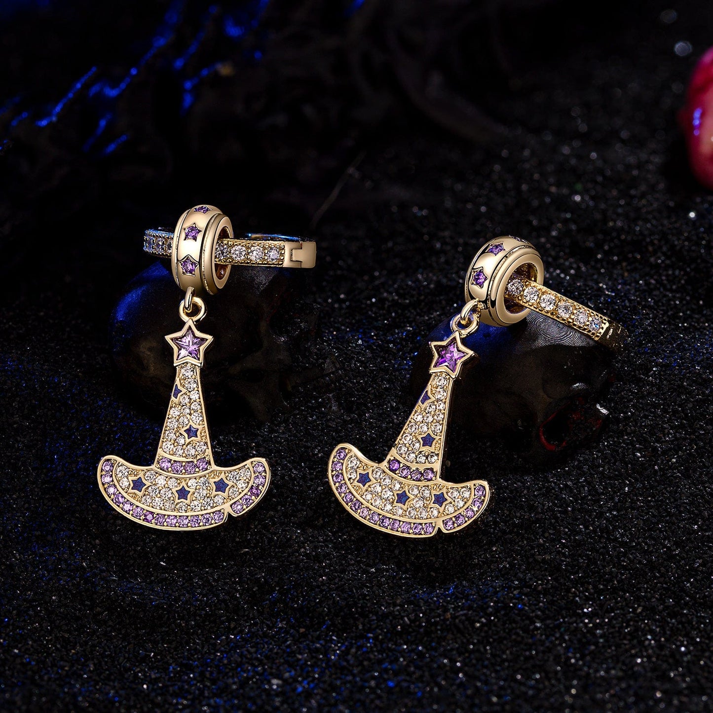 Sterling Silver Cute Witch Hat Charms Earrings Set In 14K Gold Plated