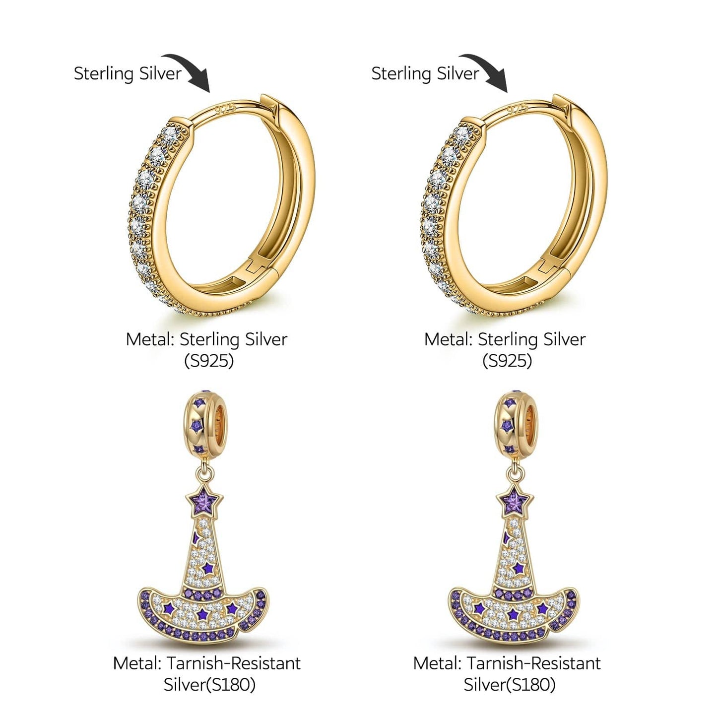 Sterling Silver Cute Witch Hat Charms Earrings Set In 14K Gold Plated