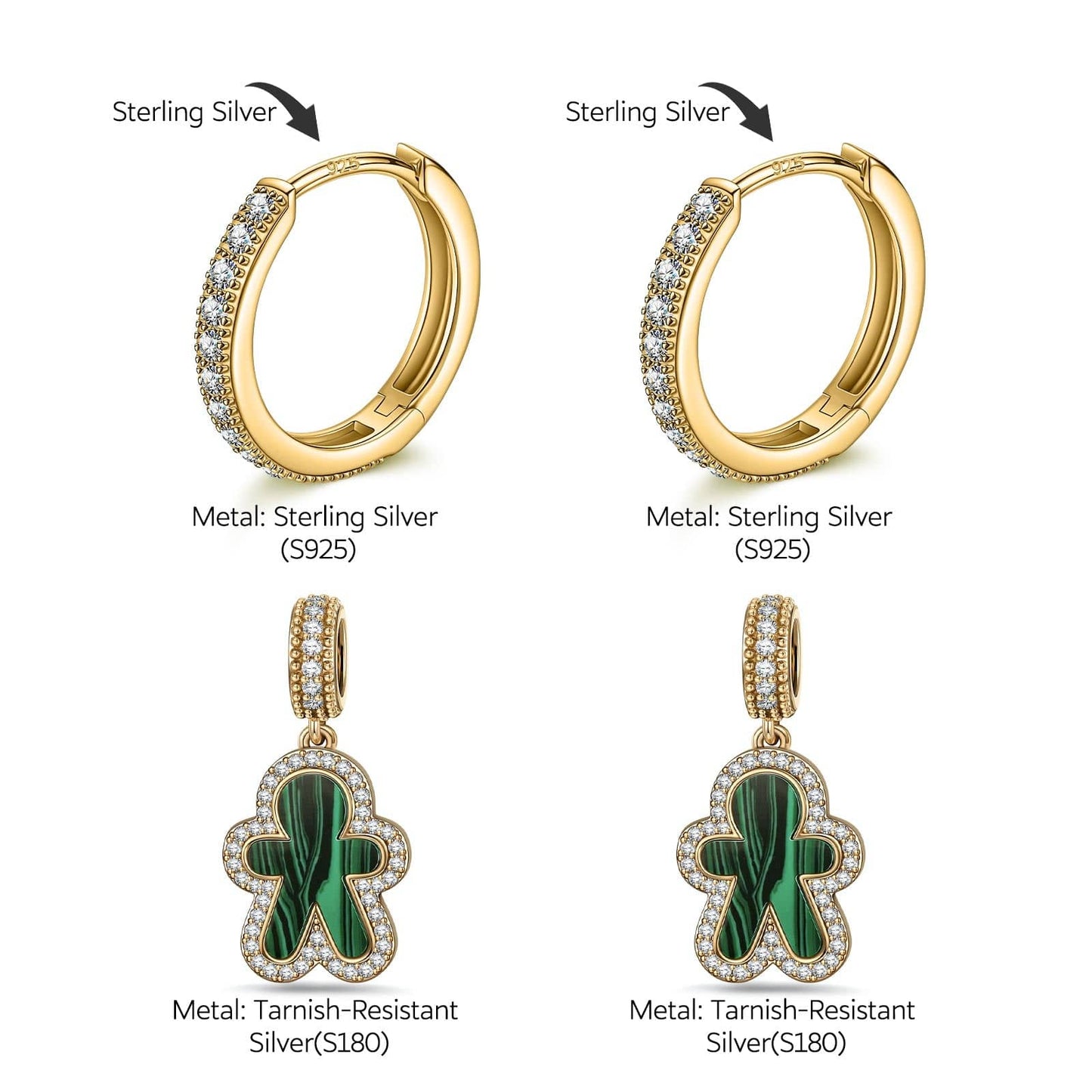 Flash Sale: Sterling Silver Malachite Emerald Gingerbread Man Charms Earrings Set In 14K Gold Plated
