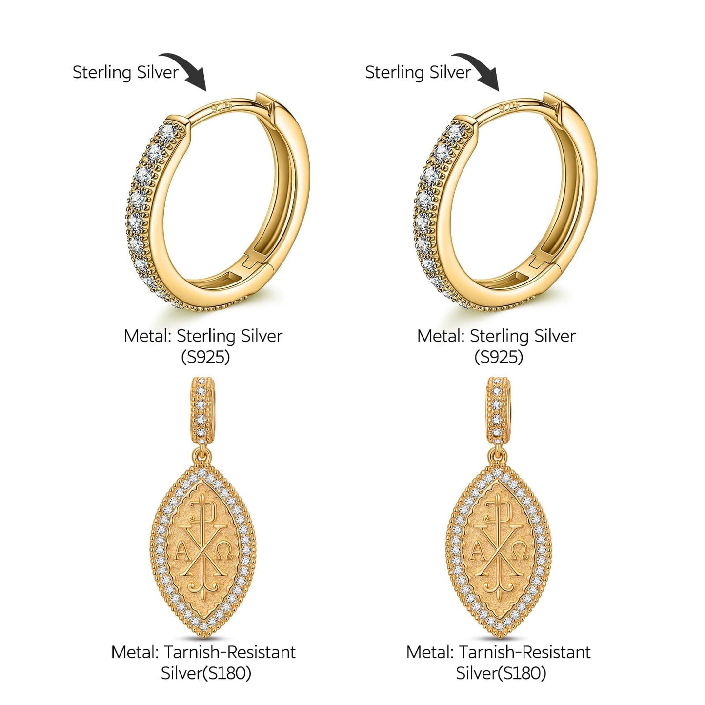 Sterling Silver Sacred Symbols Charms Earrings Set In 14K Gold Plated