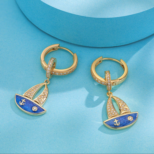 gona- Sterling Silver Sail of the Voyage Charms Earrings Set In 14K Gold Plated