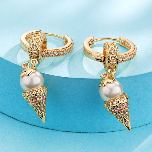 gona- Sterling Silver Pearl Ice Cream Charms Earrings Set In 14K Gold Plated