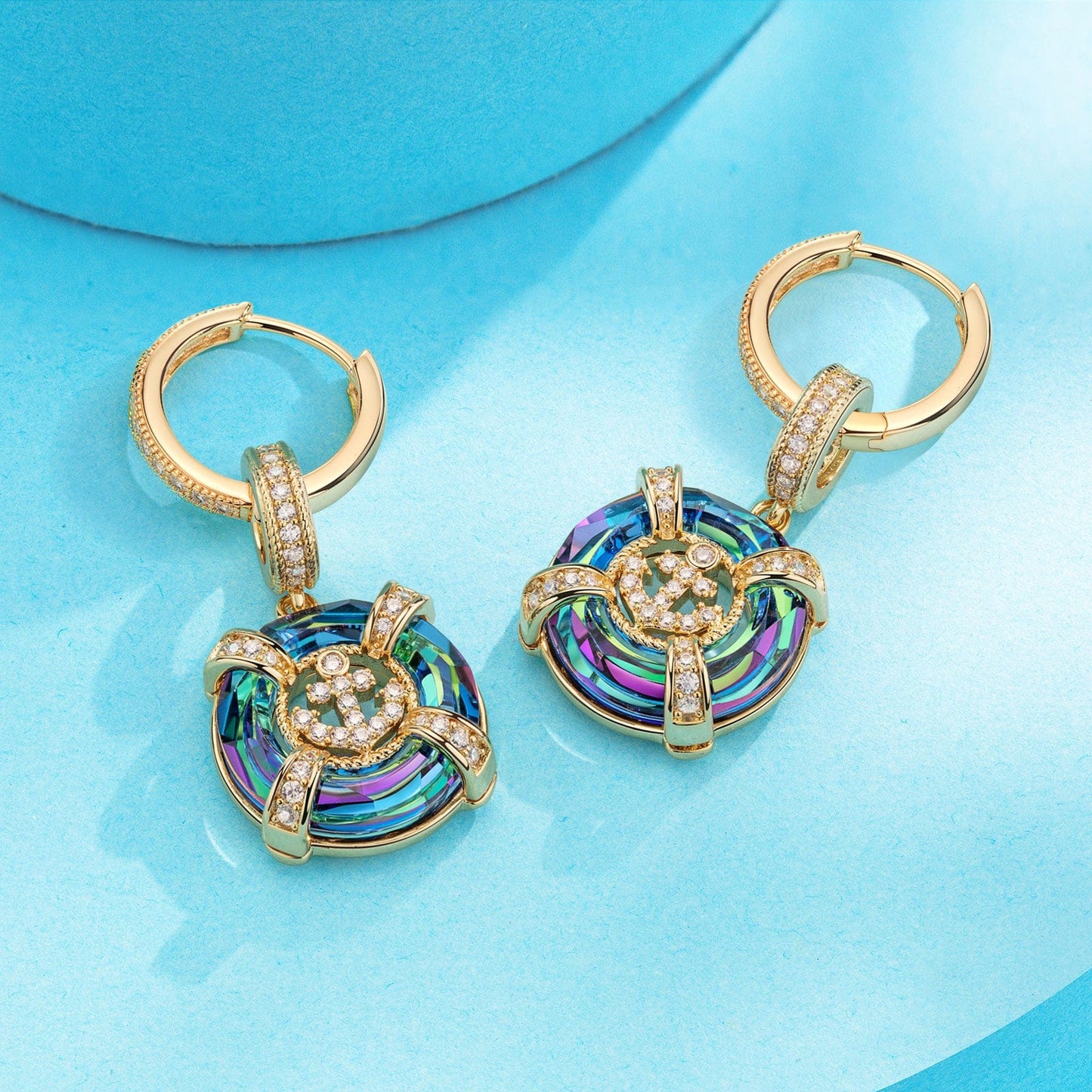 Sterling Silver Anchor of Deep-sea Charms Earrings Set In 14K Gold Plated