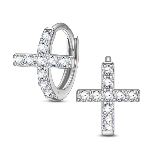 gona- Sterling Silver Cross Hoop Earrings In White Gold Plated