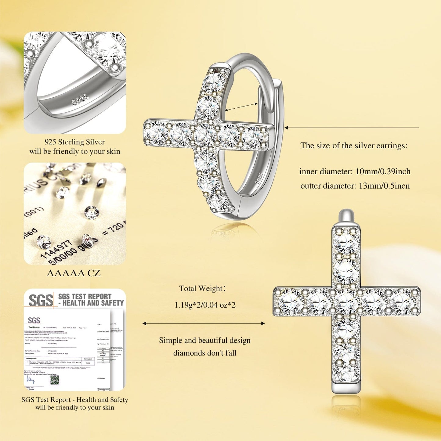 Sterling Silver Cross Hoop Earrings In White Gold Plated