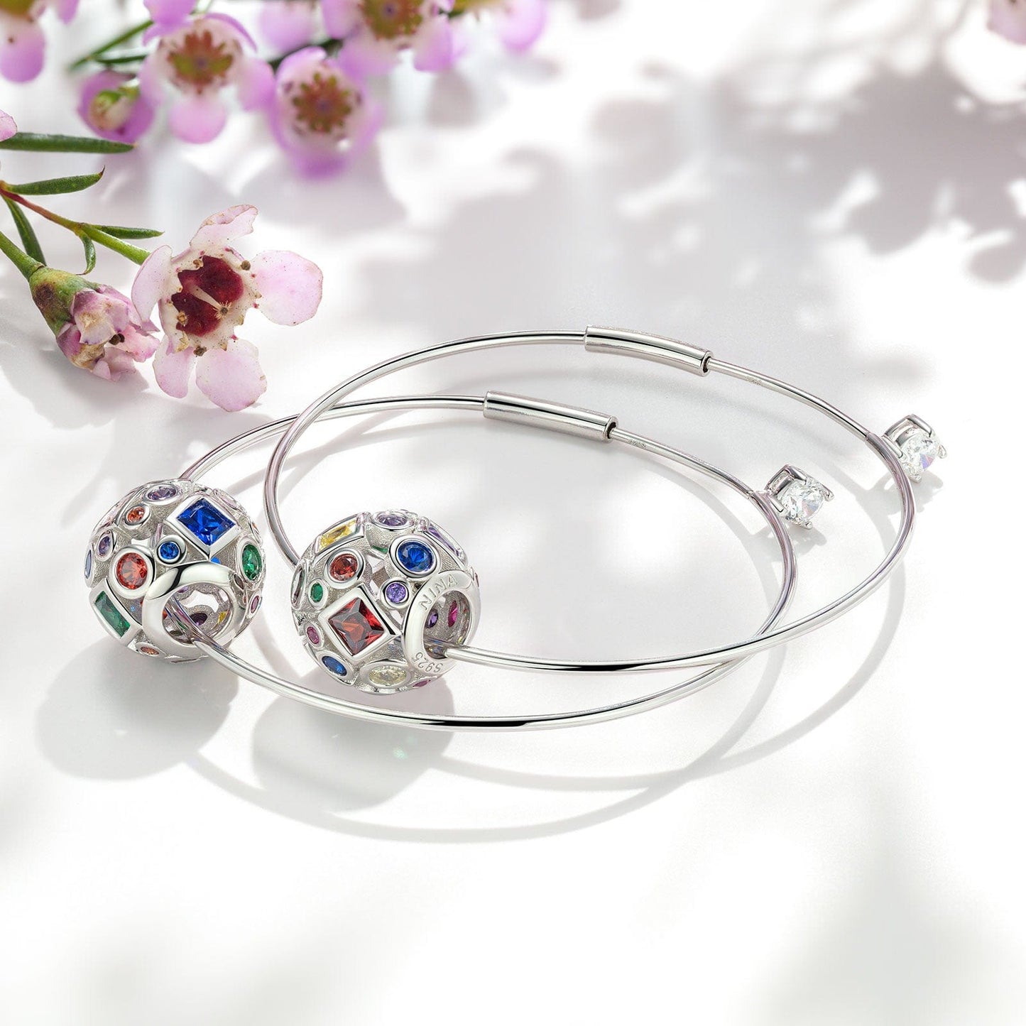 Sterling Silver Summer Rainbow Hoop Earrings In White Gold Plated