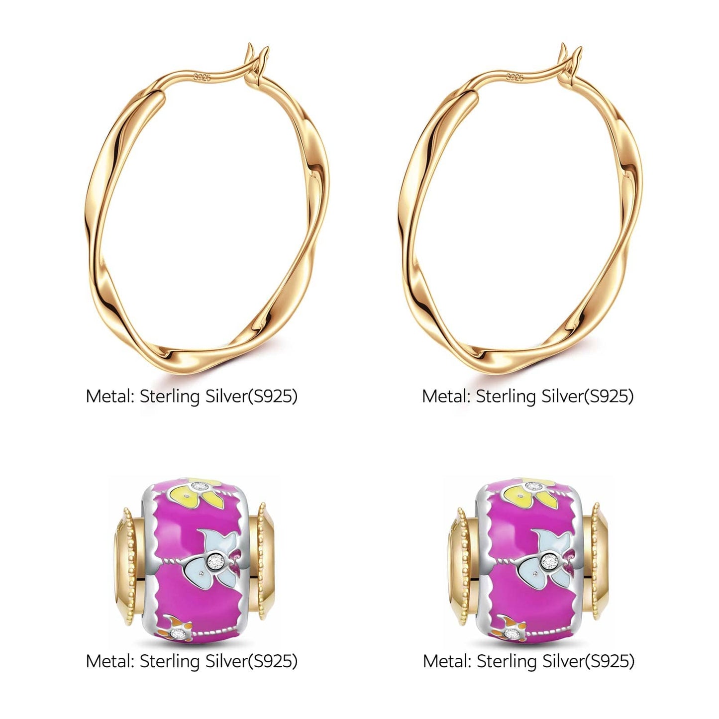 Sterling Silver Happy Transport Charms Earrings Set With Enamel In 14K Gold Plated