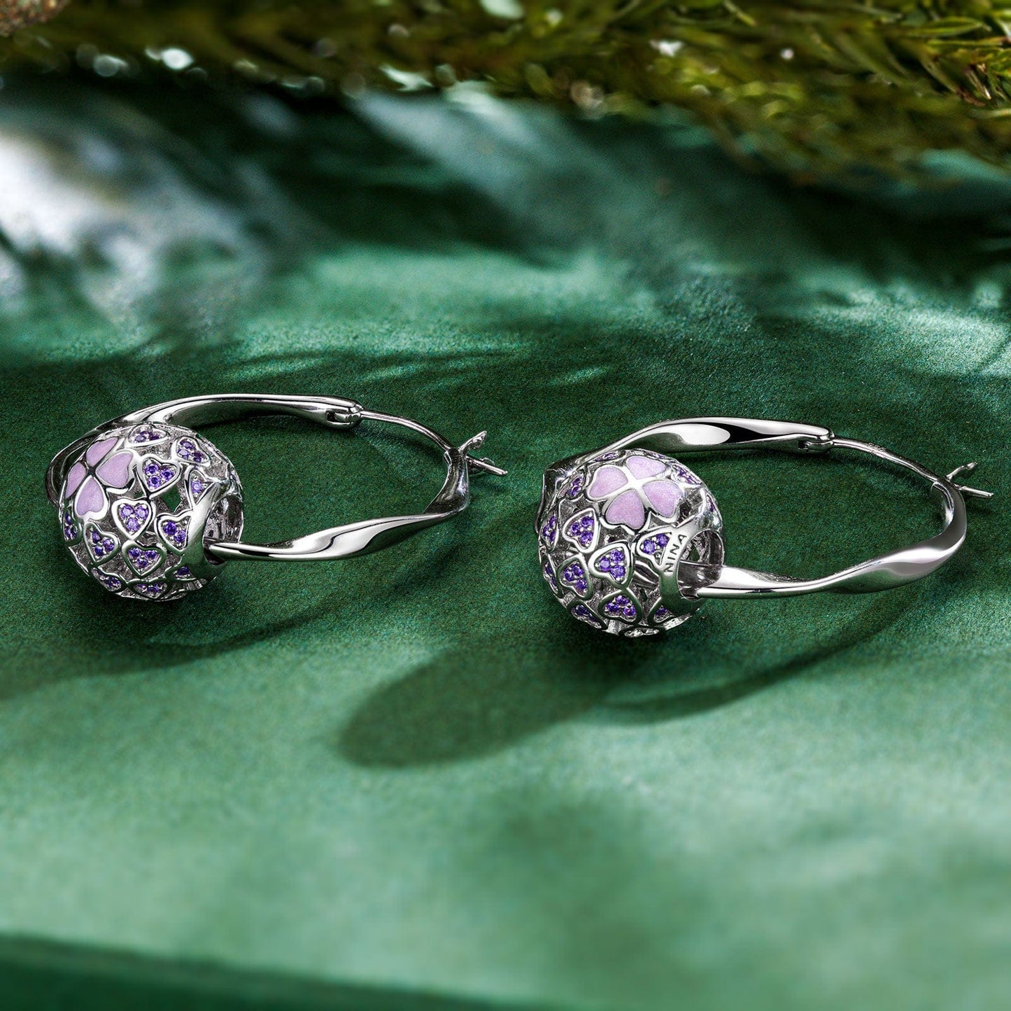Sterling Silver Purple Four Leaf Clover Charms Earrings Set With Enamel In White Gold Plated