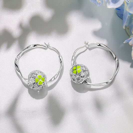 gona- Sterling Silver Green Four Leaf Clover Charms Earrings Set With Enamel In White Gold Plated