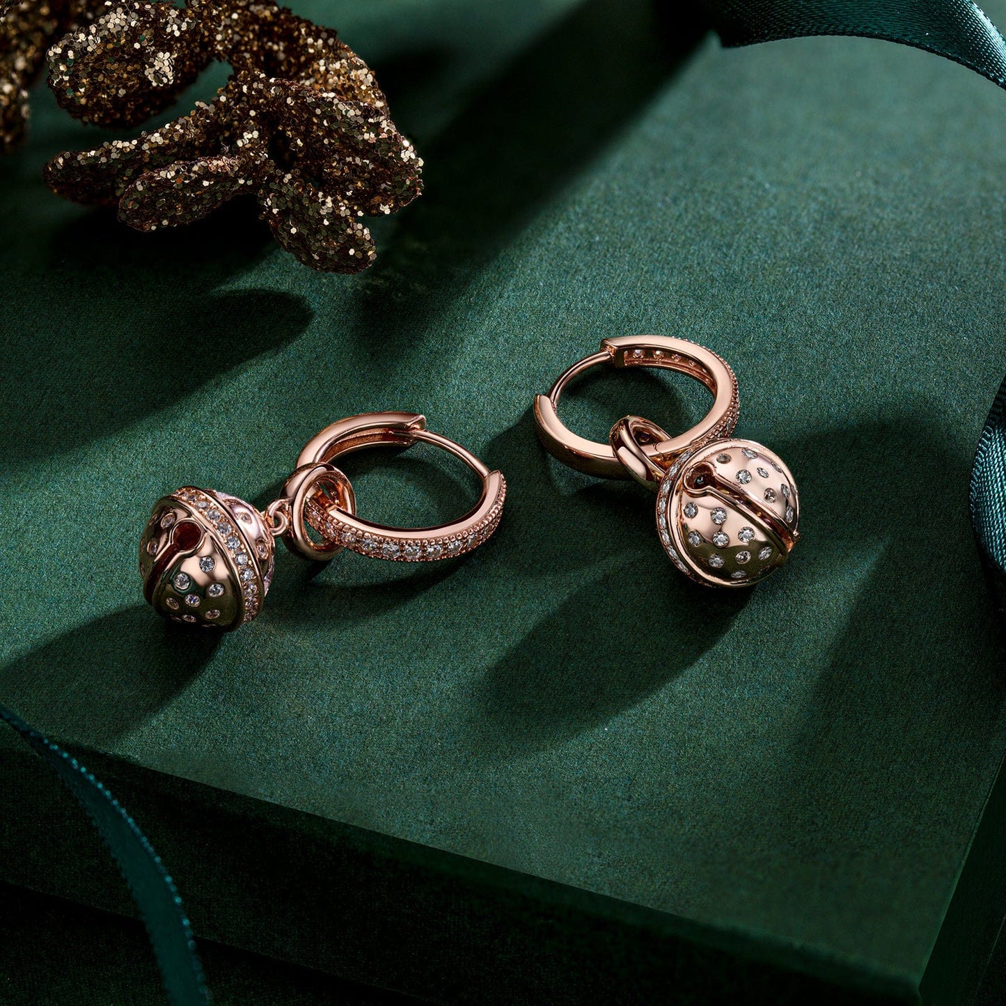 Sterling Silver Brilliant Jingle Bell Charms Earrings Set In Rose Gold Plated