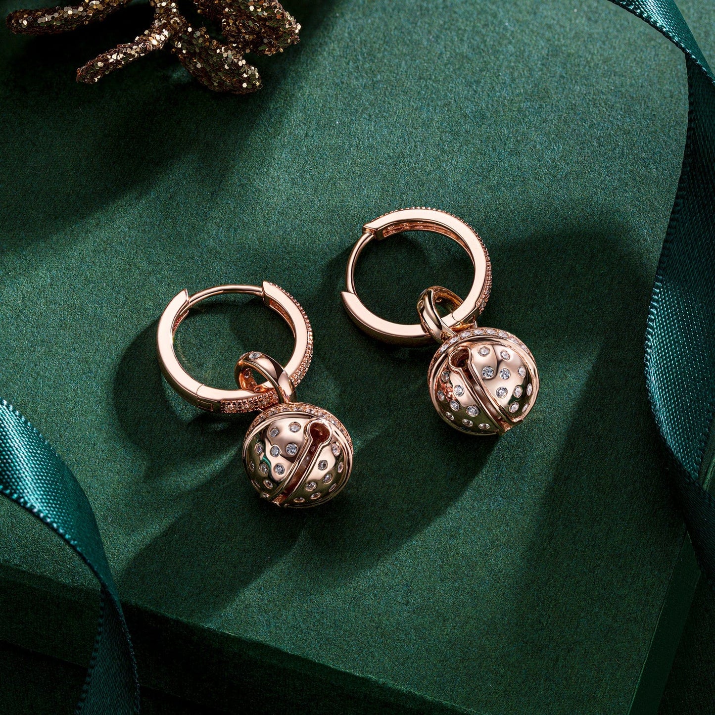 Sterling Silver Brilliant Jingle Bell Charms Earrings Set In Rose Gold Plated