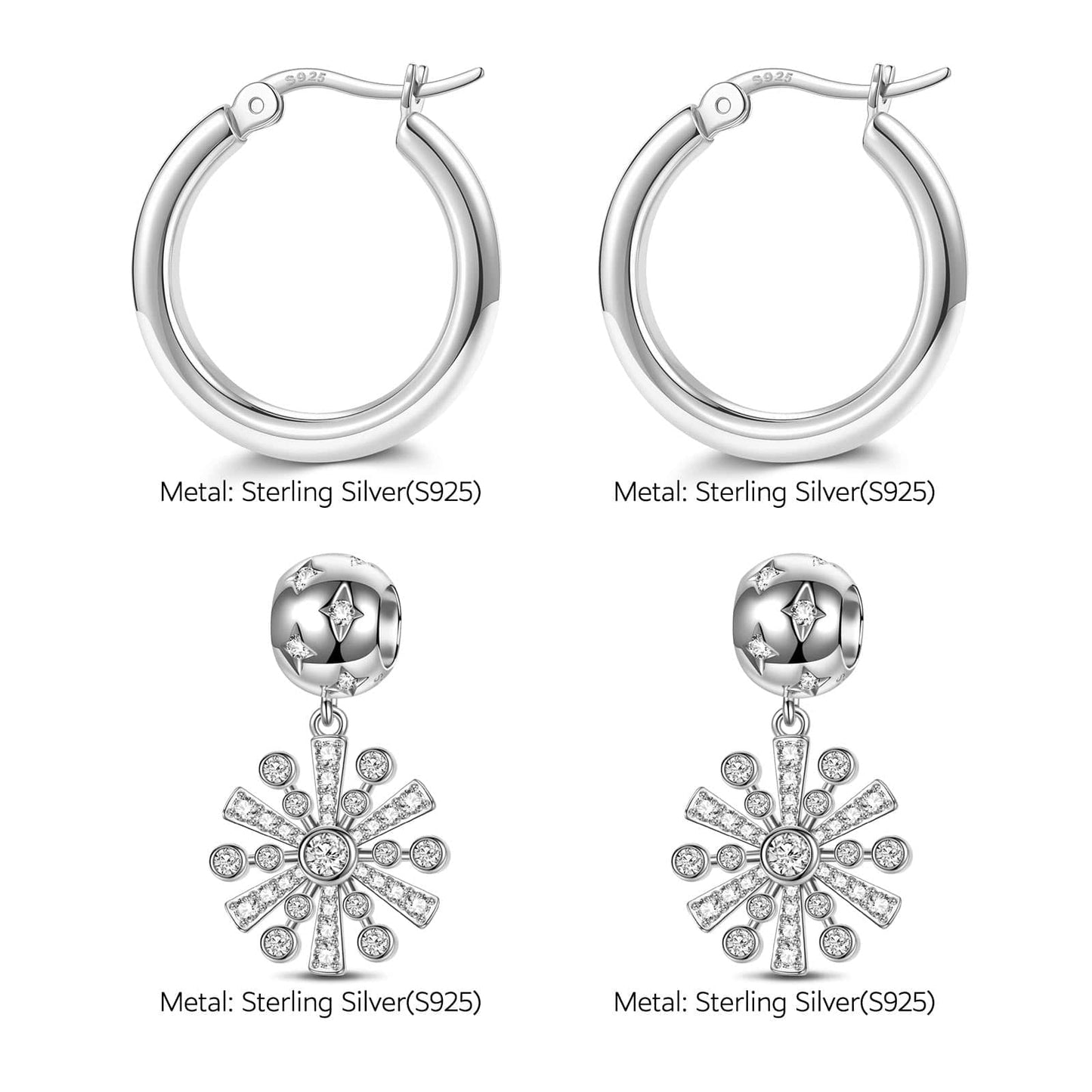 Sterling Silver Brilliant White Snowflake Charms Earrings Set In White Gold Plated