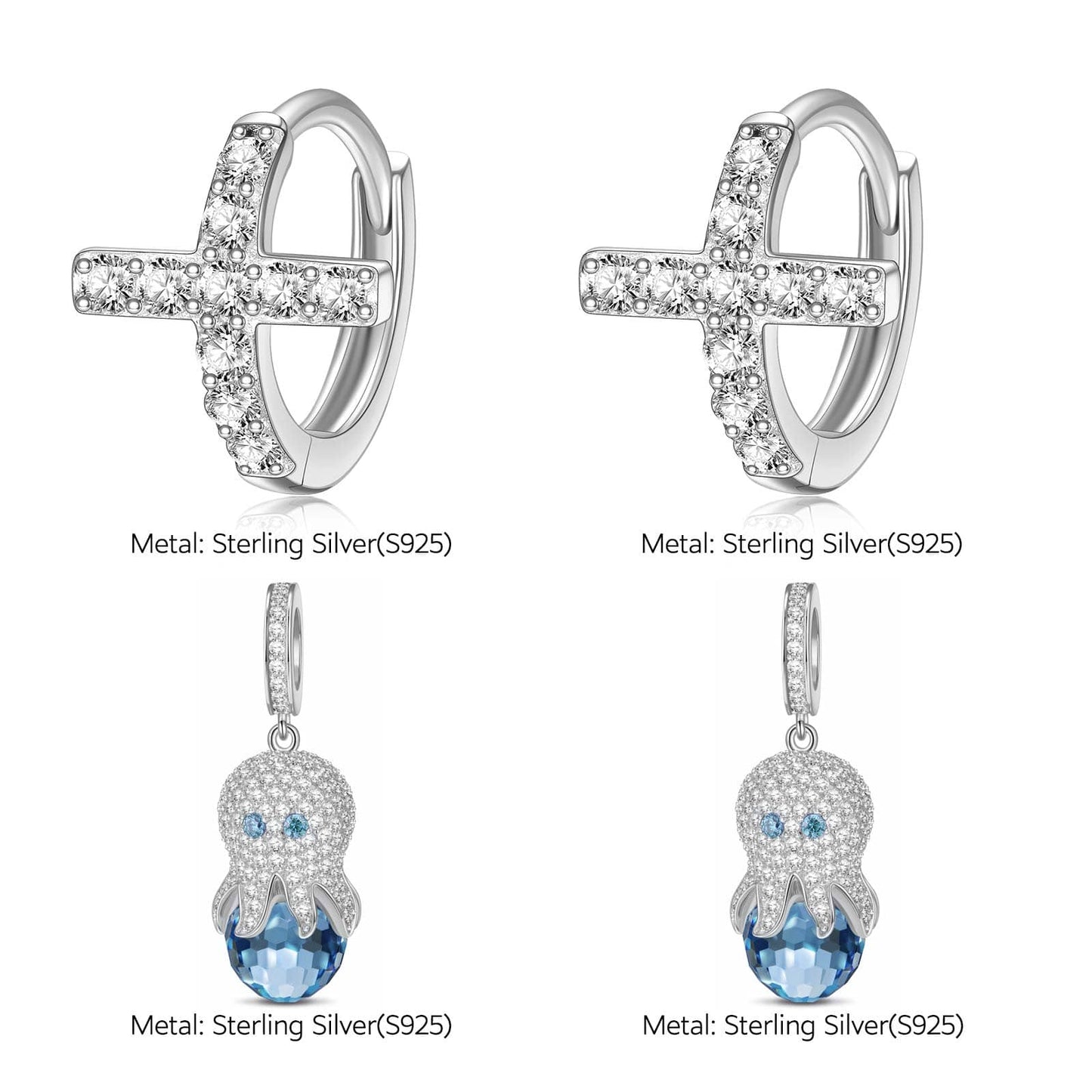 Sterling Silver Cute Octopus Charms Earrings Set In White Gold Plated