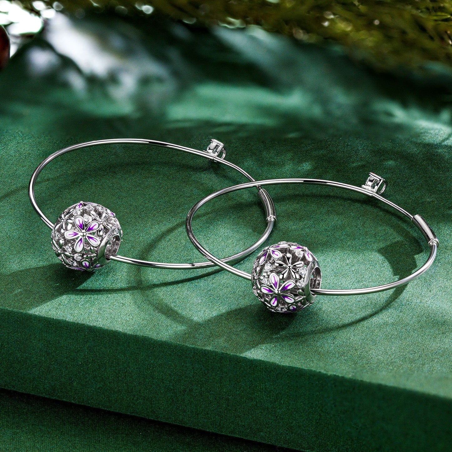 Sterling Silver Blooming Violet Charms Earrings Set With Enamel In White Gold Plated