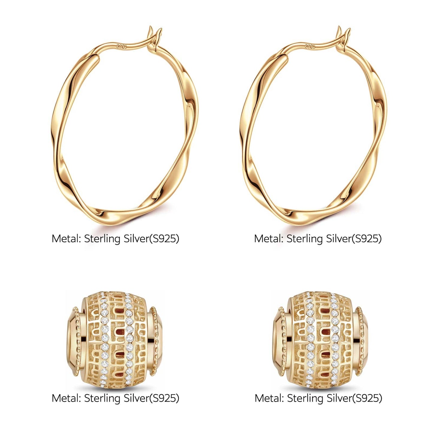 Sterling Silver Lucky Transport Charms Earrings Set In 14K Gold Plated