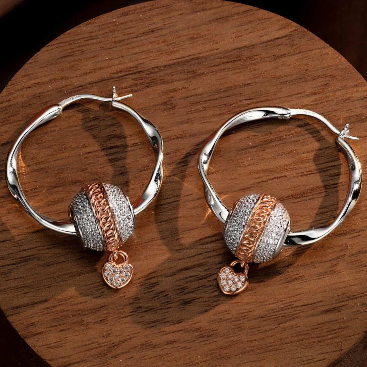 Sterling Silver Love Heart Chain Charms Earrings Set, Featuring Dual Plating in Rose Gold and White Gold