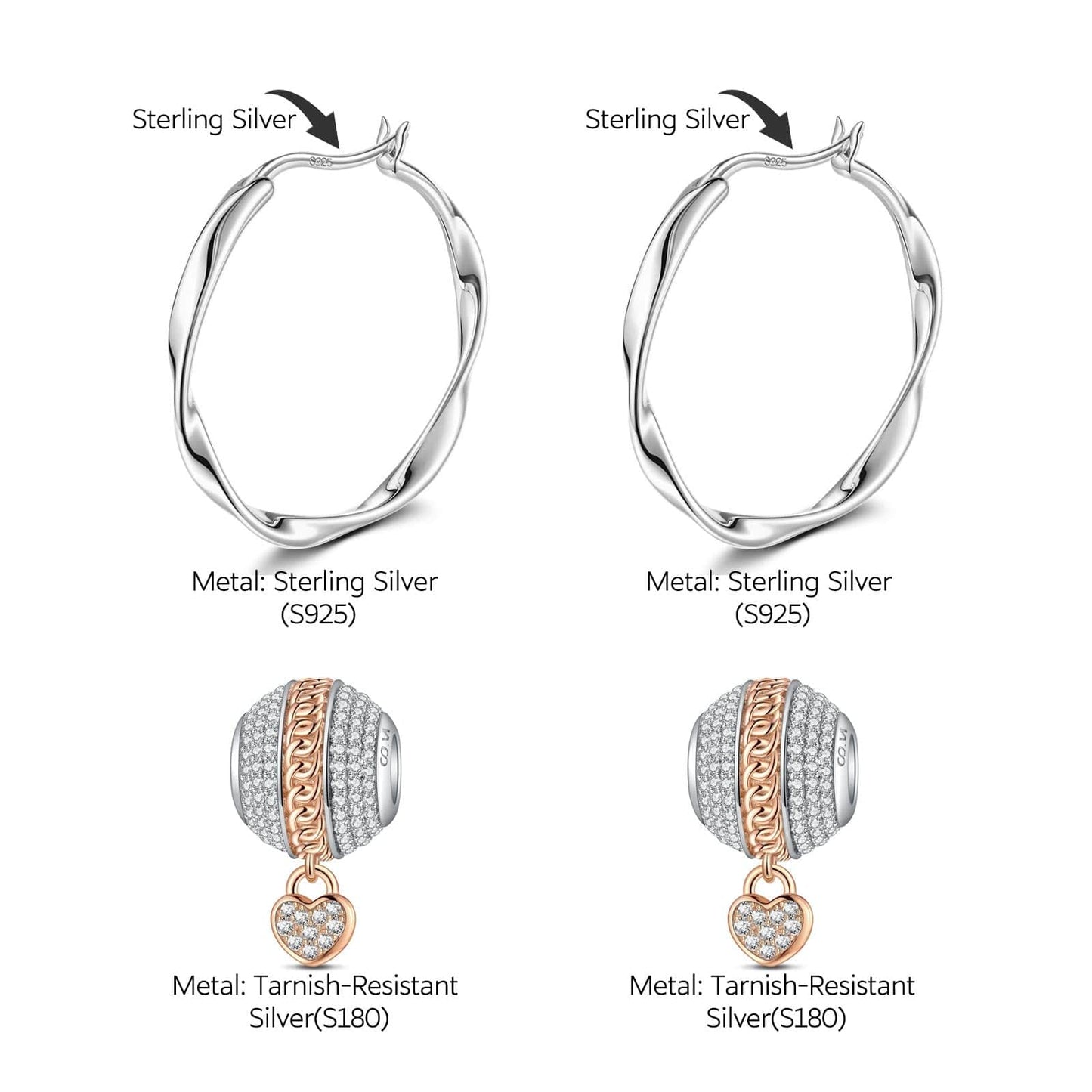 Sterling Silver Love Heart Chain Charms Earrings Set, Featuring Dual Plating in Rose Gold and White Gold