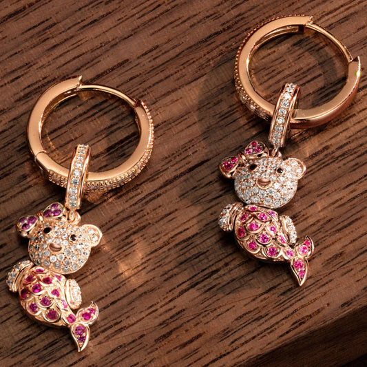 gona- Sterling Silver Pink Mermaid Bear Charms Earrings Set In Rose Gold Plated