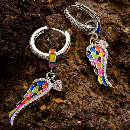 gona- Sterling Silver Colorful Wings Charms Earrings Set With Enamel In White Gold Plated