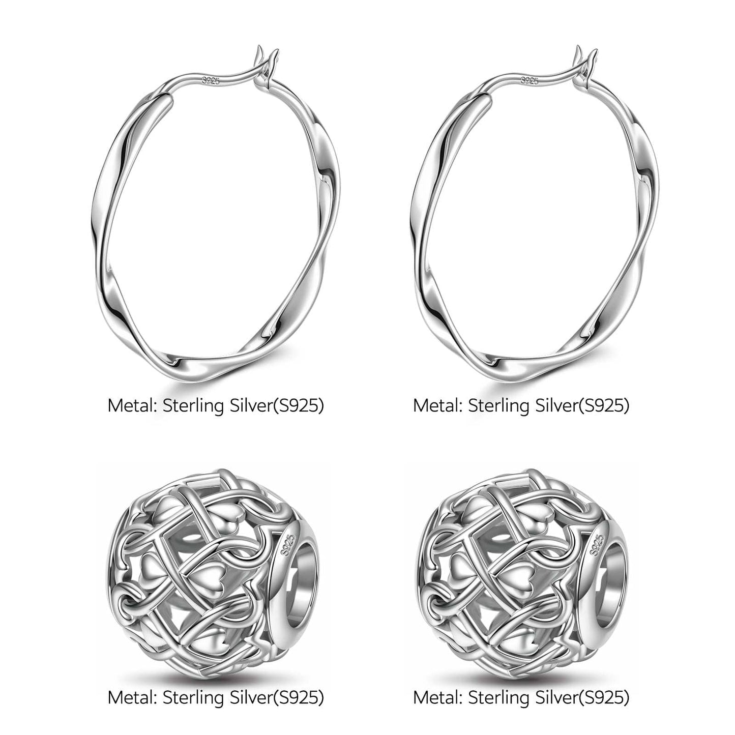 Sterling Silver Intertwined Heart Charms Earrings Set In White Gold Plated